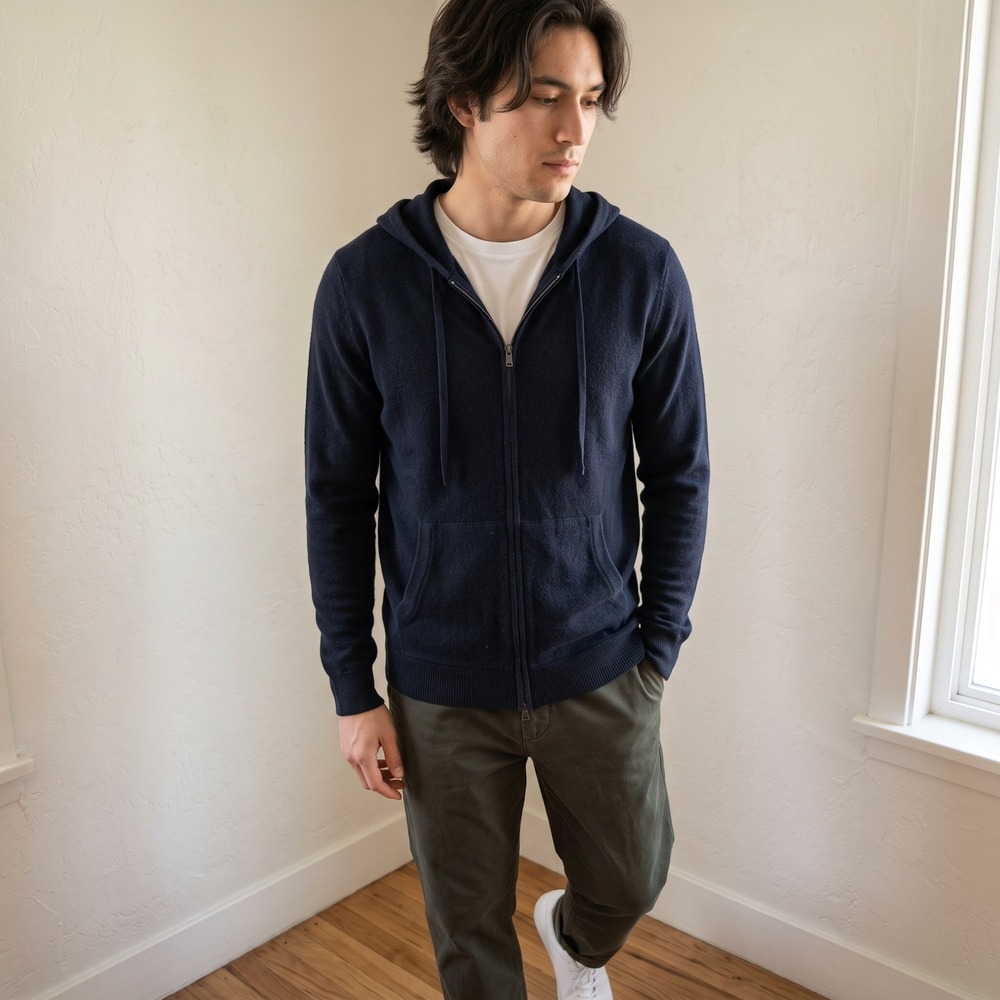 Vince Mens Sweater Medium Navy Blue Wool Cashmere Full Zip Hoodie Casual Luxury
